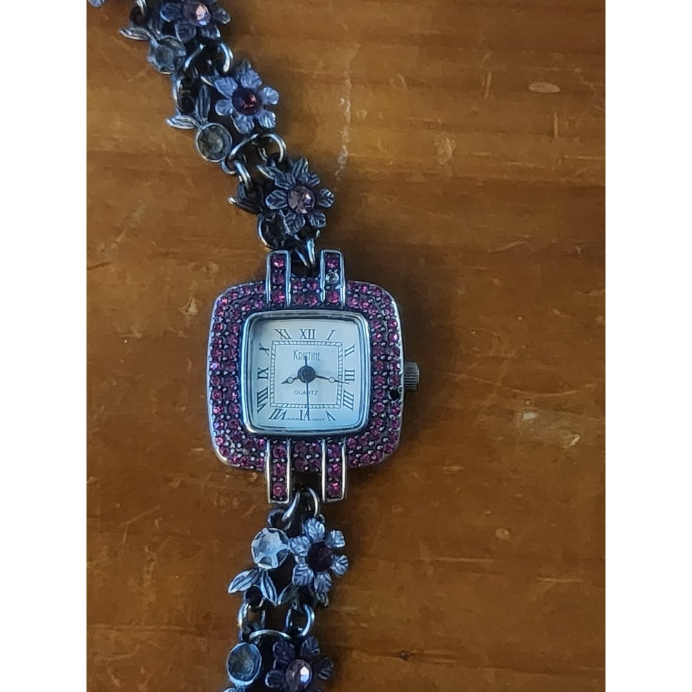 Kristine 01950 Women Floral Rhinestone Quartz Watch Silver Tone Pink as is